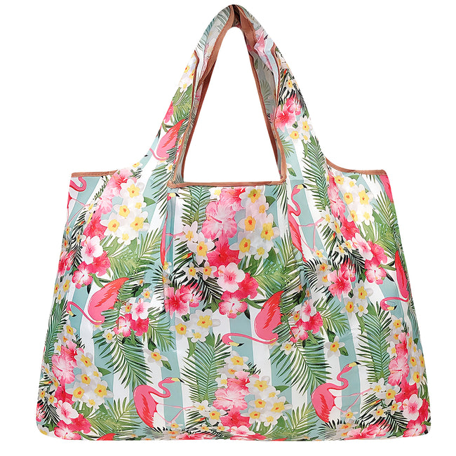 Wrapables Large Nylon Reusable Shopping Bag, Foldable Shopping Tote Bag, Reusable Grocery Bag, Travel Bag, Flamingos & Tropical Flowers
