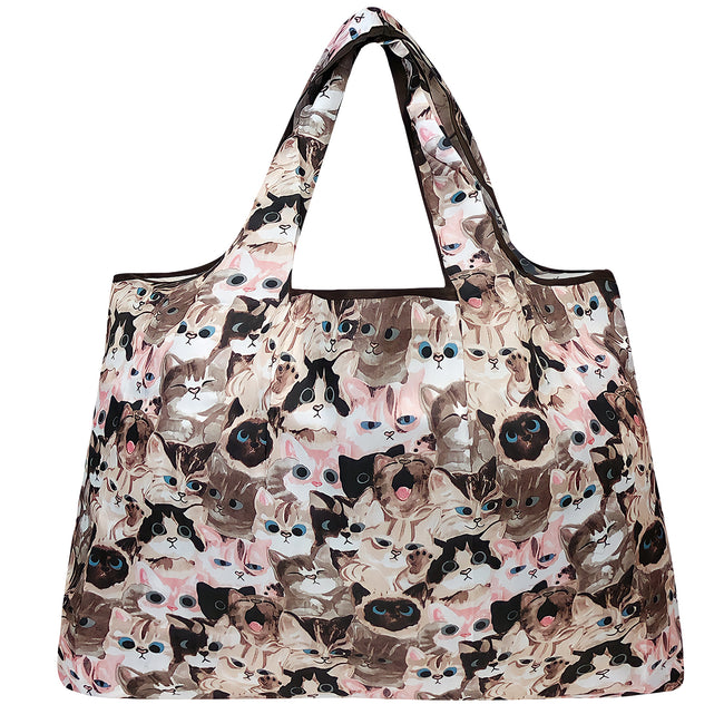 Wrapables Large Nylon Reusable Shopping Bag, Foldable Shopping Tote Bag, Reusable Grocery Bag, Travel Bag, Cuddly Kitties