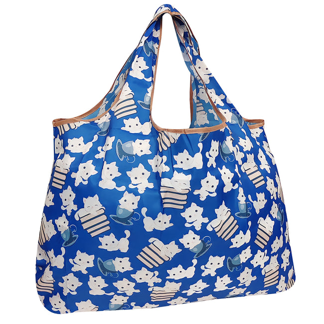 Wrapables Large Nylon Reusable Shopping Bag, Foldable Shopping Tote Bag, Reusable Grocery Bag, Travel Bag, Kitties & Books