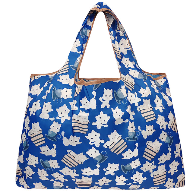 Wrapables Large Nylon Reusable Shopping Bag, Foldable Shopping Tote Bag, Reusable Grocery Bag, Travel Bag, Kitties & Books