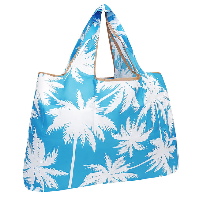 Wrapables Large Nylon Reusable Shopping Bag, Foldable Shopping Tote Bag, Reusable Grocery Bag, Travel Bag, Palm Trees in Blue