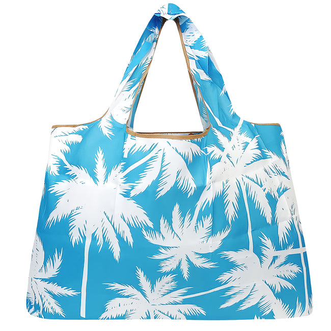 Wrapables Large Nylon Reusable Shopping Bag, Foldable Shopping Tote Bag, Reusable Grocery Bag, Travel Bag, Palm Trees in Blue