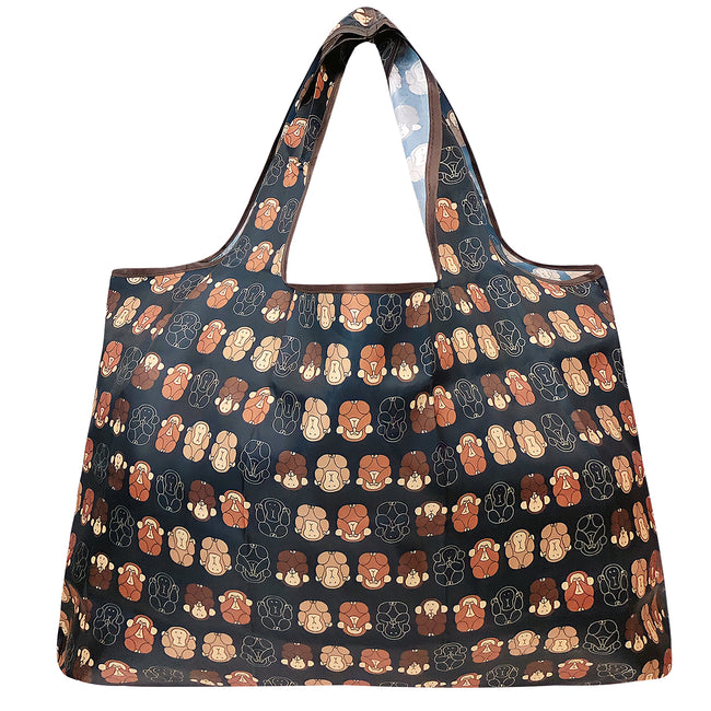 Wrapables Large Nylon Reusable Shopping Bag, Foldable Shopping Tote Bag, Reusable Grocery Bag, Travel Bag, Monkey Business