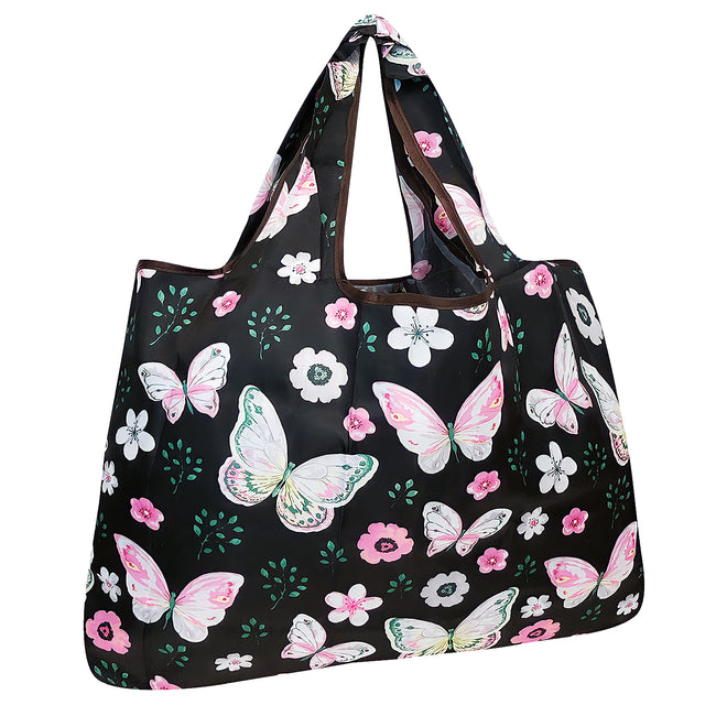 Wrapables Large Nylon Reusable Shopping Bag, Foldable Shopping Tote Bag, Reusable Grocery Bag, Travel Bag, Midnight Butterfly