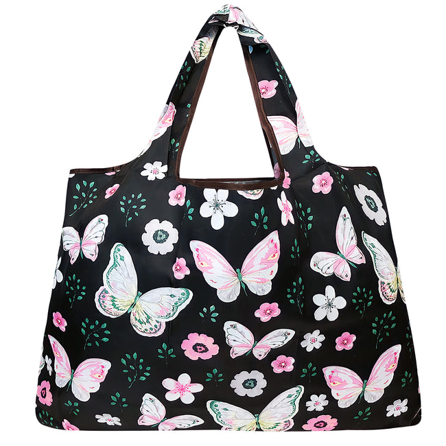 Wrapables Large Nylon Reusable Shopping Bag, Foldable Shopping Tote Bag, Reusable Grocery Bag, Travel Bag, Midnight Butterfly