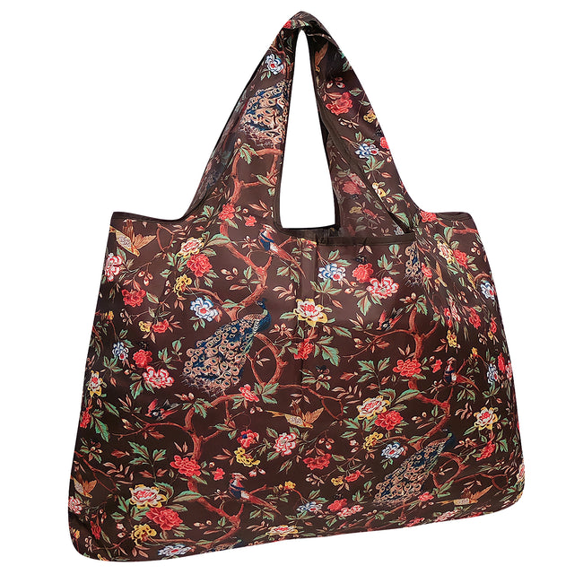Wrapables Large Nylon Reusable Shopping Bag, Foldable Shopping Tote Bag, Reusable Grocery Bag, Travel Bag, Peacocks & Peonies