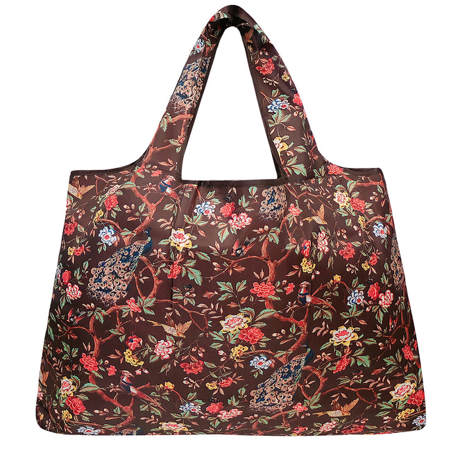 Wrapables Large Nylon Reusable Shopping Bag, Foldable Shopping Tote Bag, Reusable Grocery Bag, Travel Bag, Peacocks & Peonies