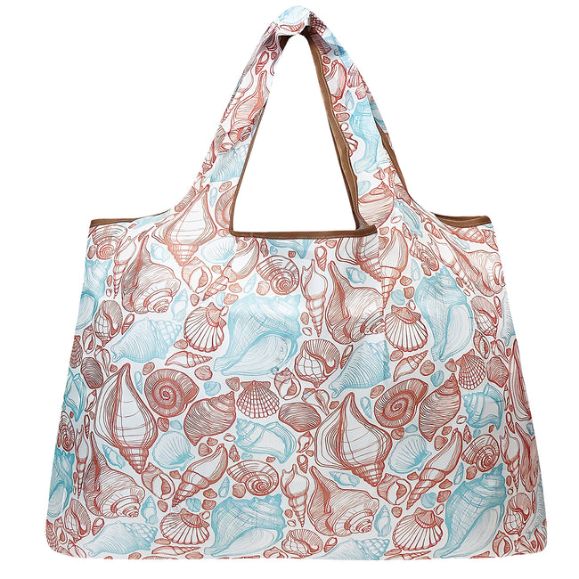 Wrapables Large Nylon Reusable Shopping Bag, Foldable Shopping Tote Bag, Reusable Grocery Bag, Travel Bag, Seashells