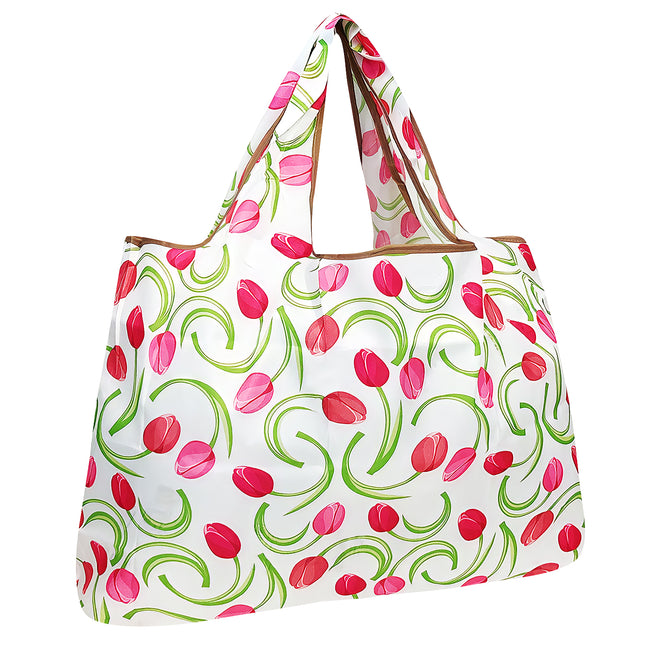 Wrapables Large Nylon Reusable Shopping Bag, Foldable Shopping Tote Bag, Reusable Grocery Bag, Travel Bag, Pink Tulips