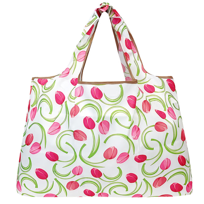 Wrapables Large Nylon Reusable Shopping Bag, Foldable Shopping Tote Bag, Reusable Grocery Bag, Travel Bag, Pink Tulips