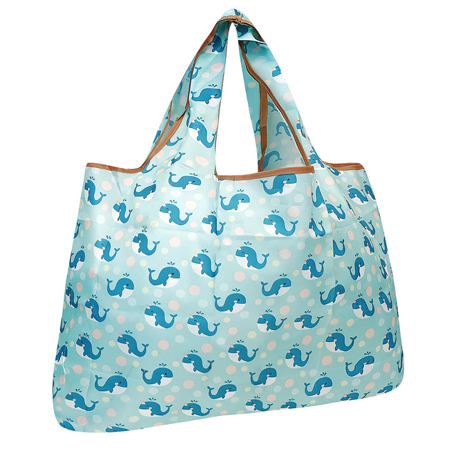 Wrapables Large Nylon Reusable Shopping Bag, Foldable Shopping Tote Bag, Reusable Grocery Bag, Travel Bag, Blue Whales