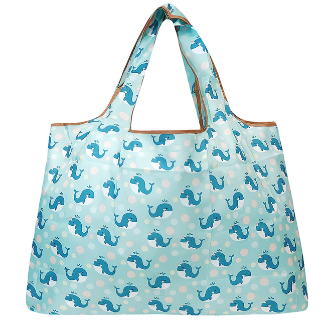 Wrapables Large Nylon Reusable Shopping Bag, Foldable Shopping Tote Bag, Reusable Grocery Bag, Travel Bag, Blue Whales