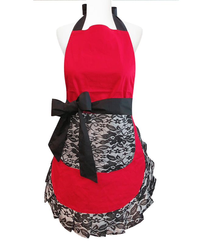 Wrapables Classic Vintage Apron, Stylish Cooking Apron, Red Hot Lace