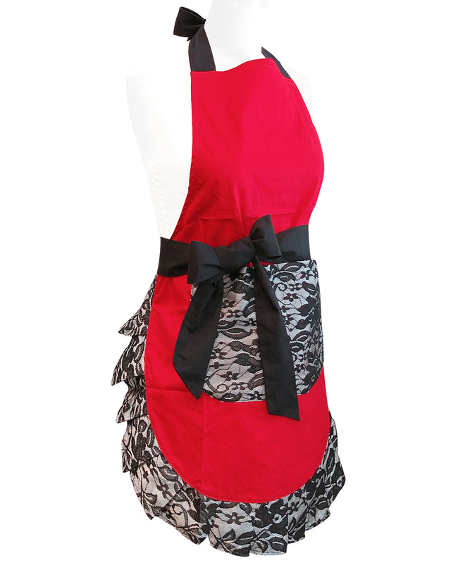 Wrapables Classic Vintage Apron, Stylish Cooking Apron, Red Hot Lace