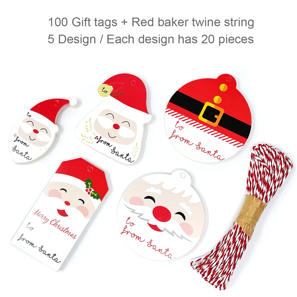 Wrapables 100pcs Decorative Santa Claus Tag Labels with Bakers Twine for Gift Labelling
