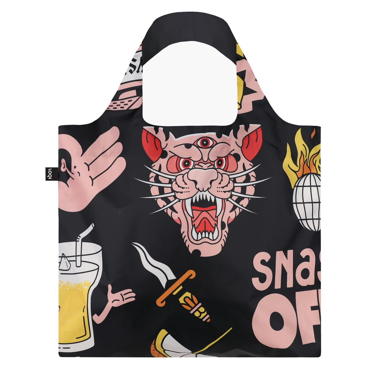 LOQI Artist Snask Tiger Snake Beer Black Reusable Shopping Bag