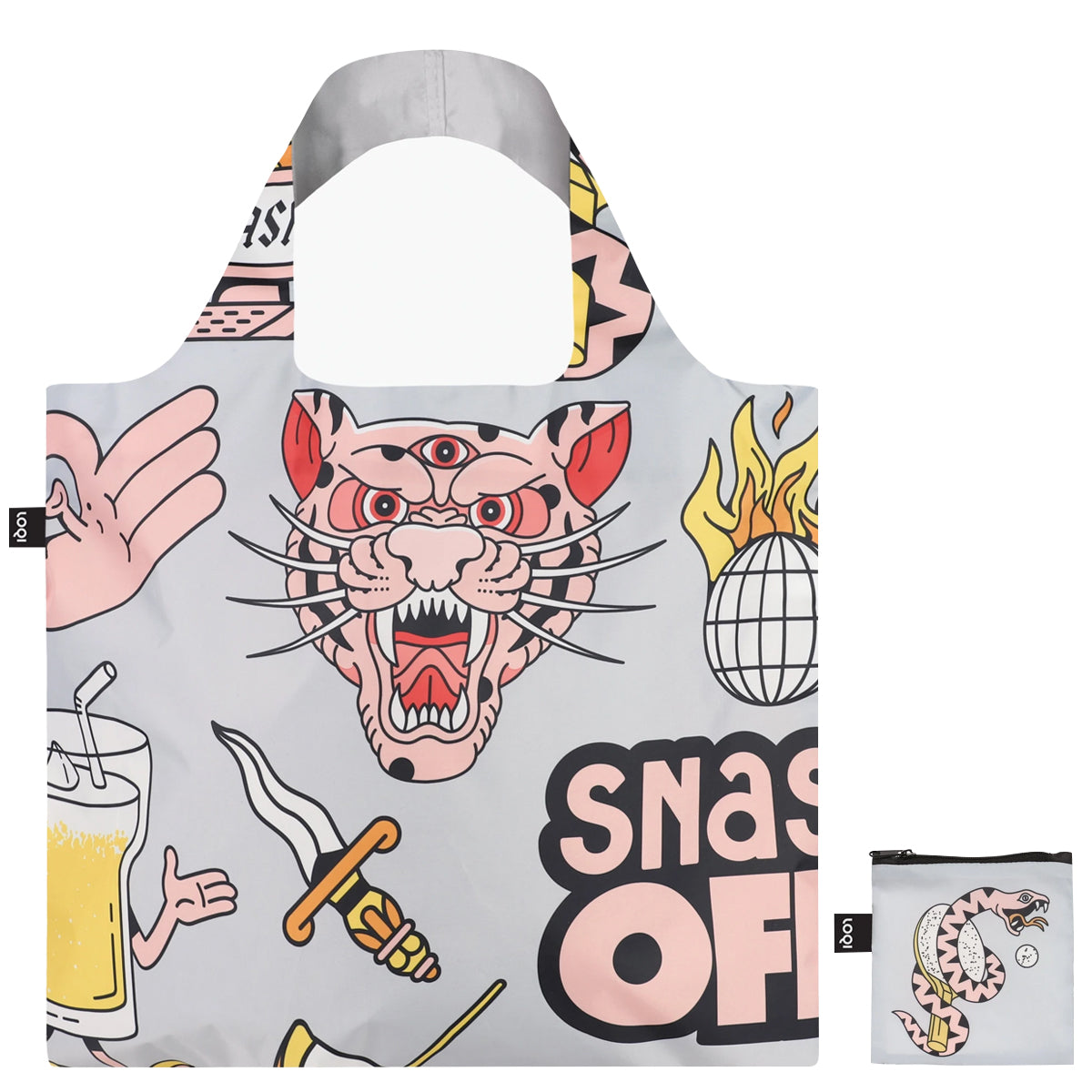 LOQI Artist Snask Tiger Snake Beer Grey Reusable Shopping Bag