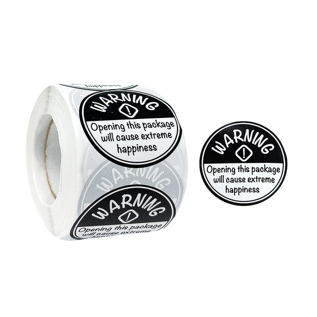 Wrapables 1.5 inch Black Extreme Happiness Warning Small Business Thank You Stickers Roll, Sealing Stickers and Labels for Boxes, Envelopes, Bags and Packages (500pcs)