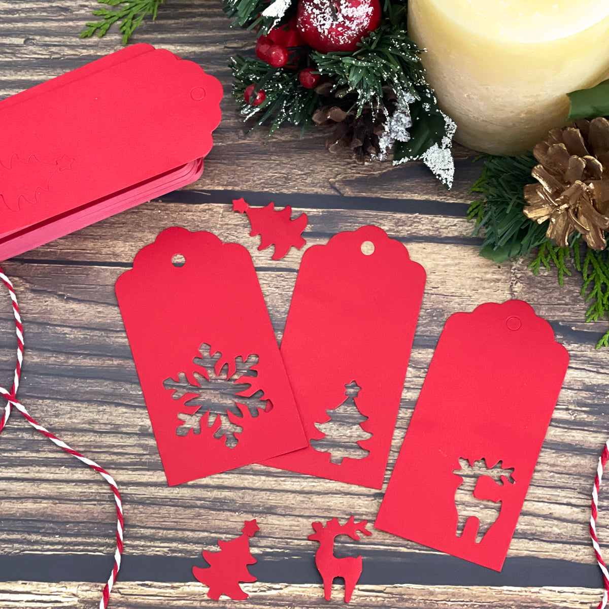 Wrapables Christmas Holiday Gift Tags/Kraft Hang Tags with Laser Cut Design for Gift-Wrapping, DIY, Arts & Crafts (100pcs), Red Scalloped