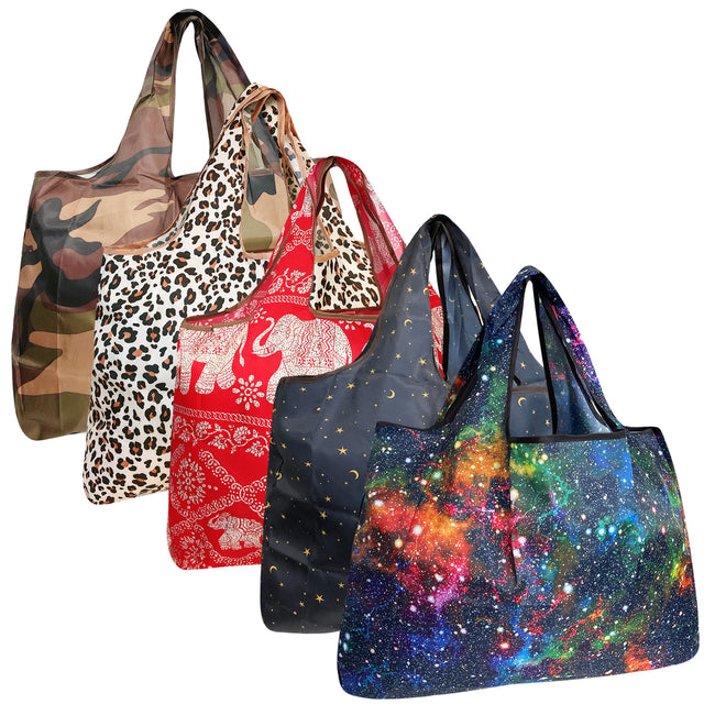 Wrapables Large Nylon Reusable Shopping Bags, Foldable Shopping Tote Bags, Reusable Grocery Bags, Travel Bags, 5 Pack, Exotic Space