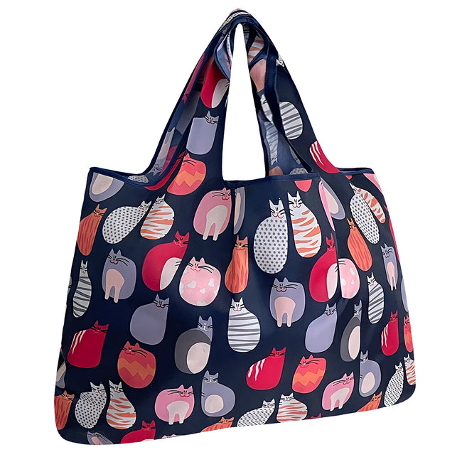 Wrapables Large Nylon Reusable Shopping Bag, Foldable Shopping Tote Bag, Reusable Grocery Bag, Travel Bag, Stylish Kitties