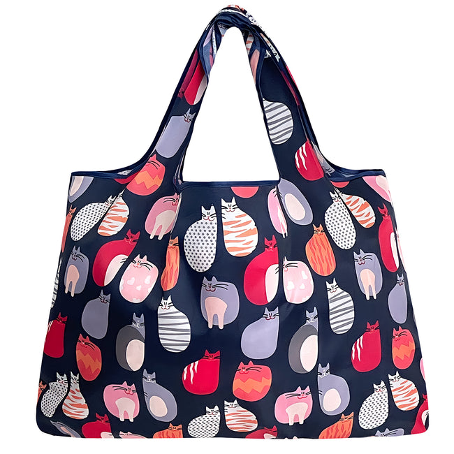 Wrapables Large Nylon Reusable Shopping Bag, Foldable Shopping Tote Bag, Reusable Grocery Bag, Travel Bag, Stylish Kitties