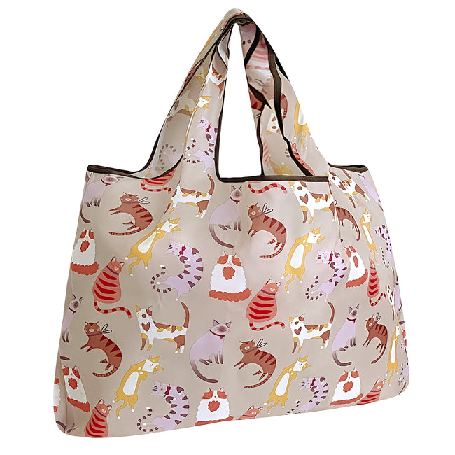 Wrapables Large Nylon Reusable Shopping Bag, Foldable Shopping Tote Bag, Reusable Grocery Bag, Travel Bag, Neutral Felines