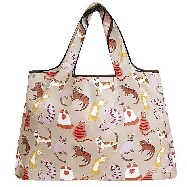 Wrapables Large Nylon Reusable Shopping Bag, Foldable Shopping Tote Bag, Reusable Grocery Bag, Travel Bag, Neutral Felines