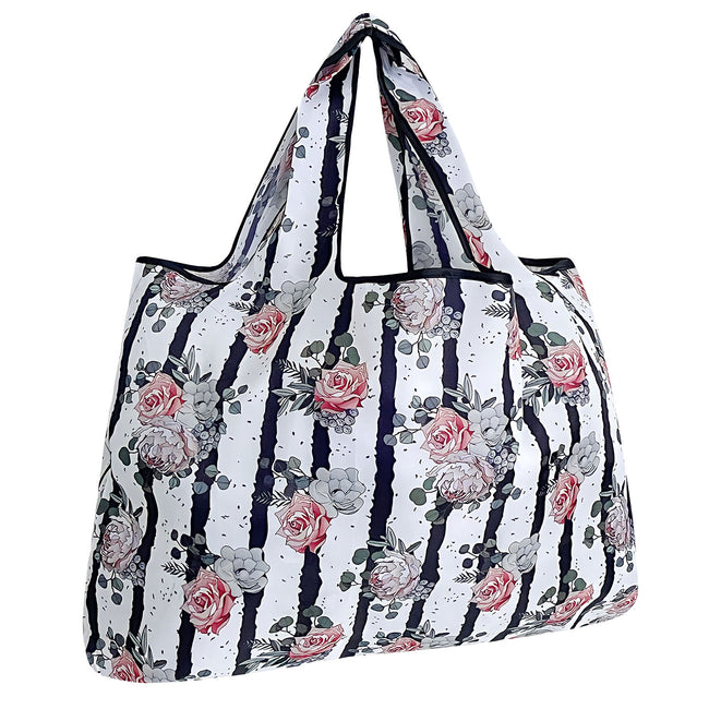 Wrapables Large Nylon Reusable Shopping Bag, Foldable Shopping Tote Bag, Reusable Grocery Bag, Travel Bag, Rose & Stripes