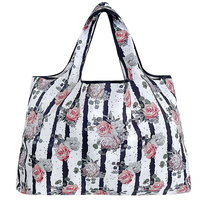 Wrapables Large Nylon Reusable Shopping Bag, Foldable Shopping Tote Bag, Reusable Grocery Bag, Travel Bag, Rose & Stripes