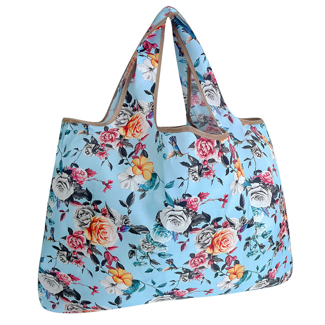 Wrapables Large Nylon Reusable Shopping Bag, Foldable Shopping Tote Bag, Reusable Grocery Bag, Travel Bag, Roses on Blue
