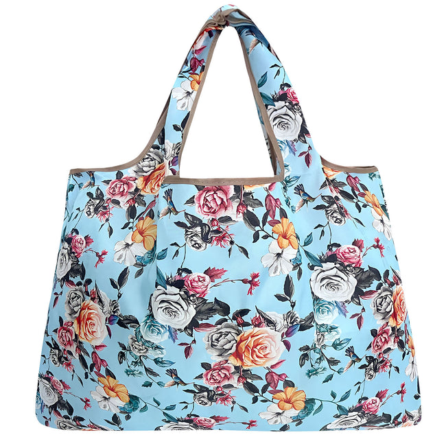 Wrapables Large Nylon Reusable Shopping Bag, Foldable Shopping Tote Bag, Reusable Grocery Bag, Travel Bag, Roses on Blue