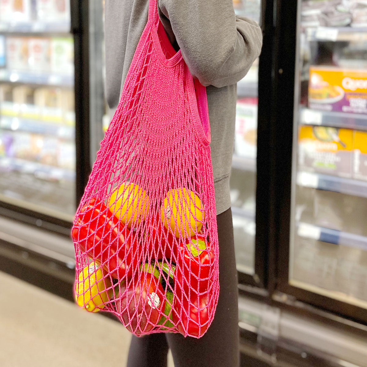 Wrapables Cotton Mesh Net Shopping Bag, Grocery Bag for Vegetables, Produce (Set of 3) Yellow/ Blue / Hot Pink