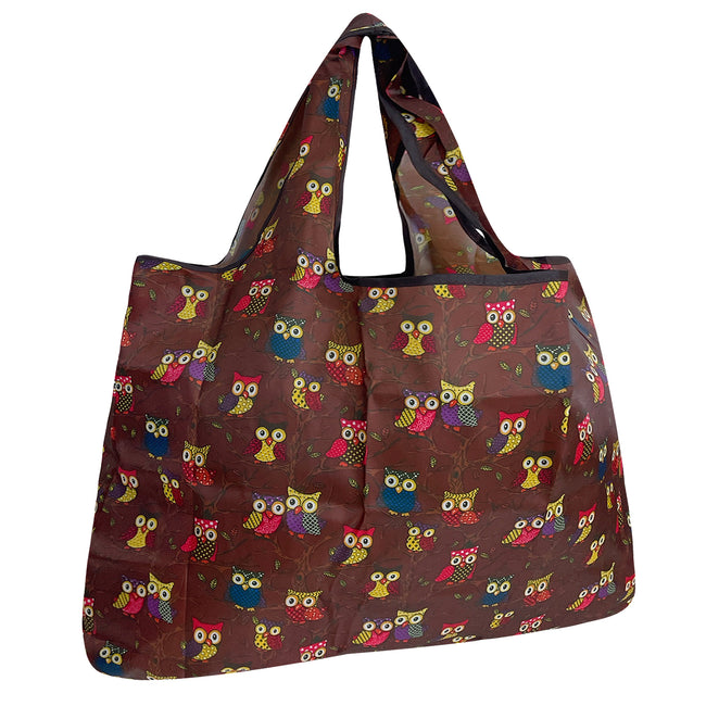 Wrapables Large Nylon Reusable Shopping Bag, Foldable Shopping Tote Bag, Reusable Grocery Bag, Travel Bag, Owls Brown