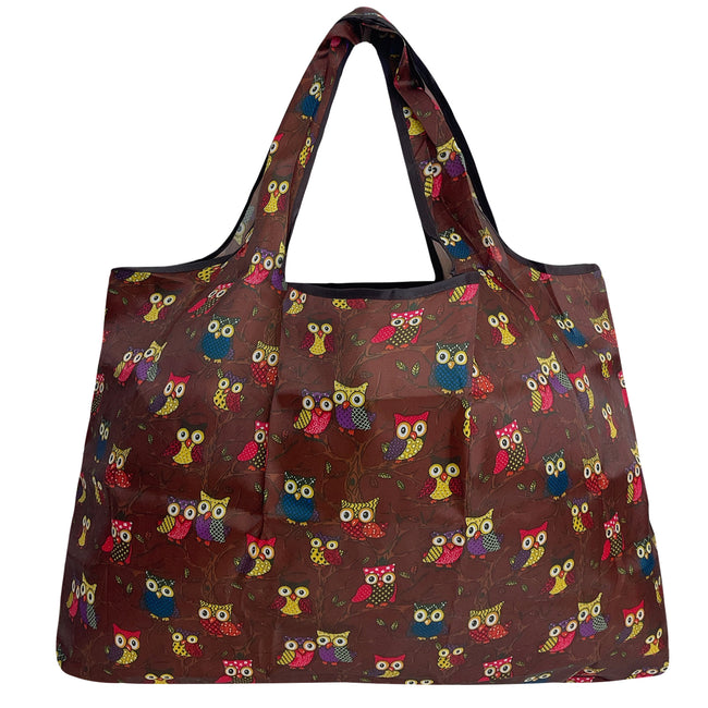 Wrapables Large Nylon Reusable Shopping Bag, Foldable Shopping Tote Bag, Reusable Grocery Bag, Travel Bag, Owls Brown