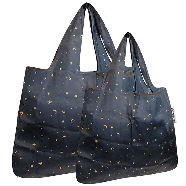 Wrapables Nylon Reusable Shopping Bags, Foldable Shopping Tote Bags, Reusable Grocery Bags, Travel Bags LS (set of 2), Moon & Stars