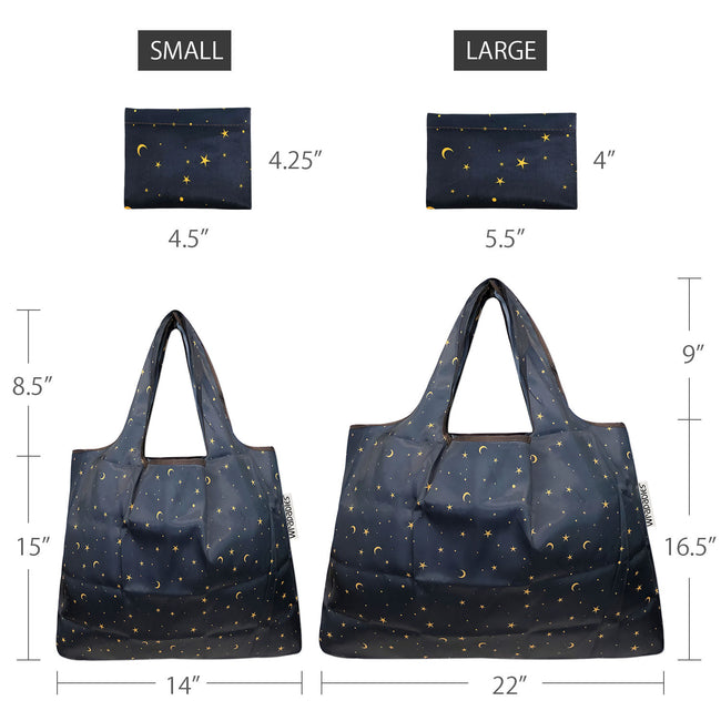 Wrapables Nylon Reusable Shopping Bags, Foldable Shopping Tote Bags, Reusable Grocery Bags, Travel Bags LS (set of 2), Moon & Stars