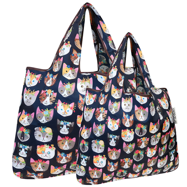 Wrapables Nylon Reusable Shopping Bags, Foldable Shopping Tote Bags, Reusable Grocery Bags, Travel Bags LS (set of 2), Crazy Cats