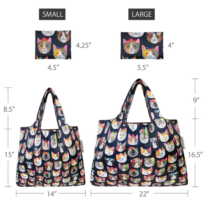 Wrapables Nylon Reusable Shopping Bags, Foldable Shopping Tote Bags, Reusable Grocery Bags, Travel Bags LS (set of 2), Crazy Cats