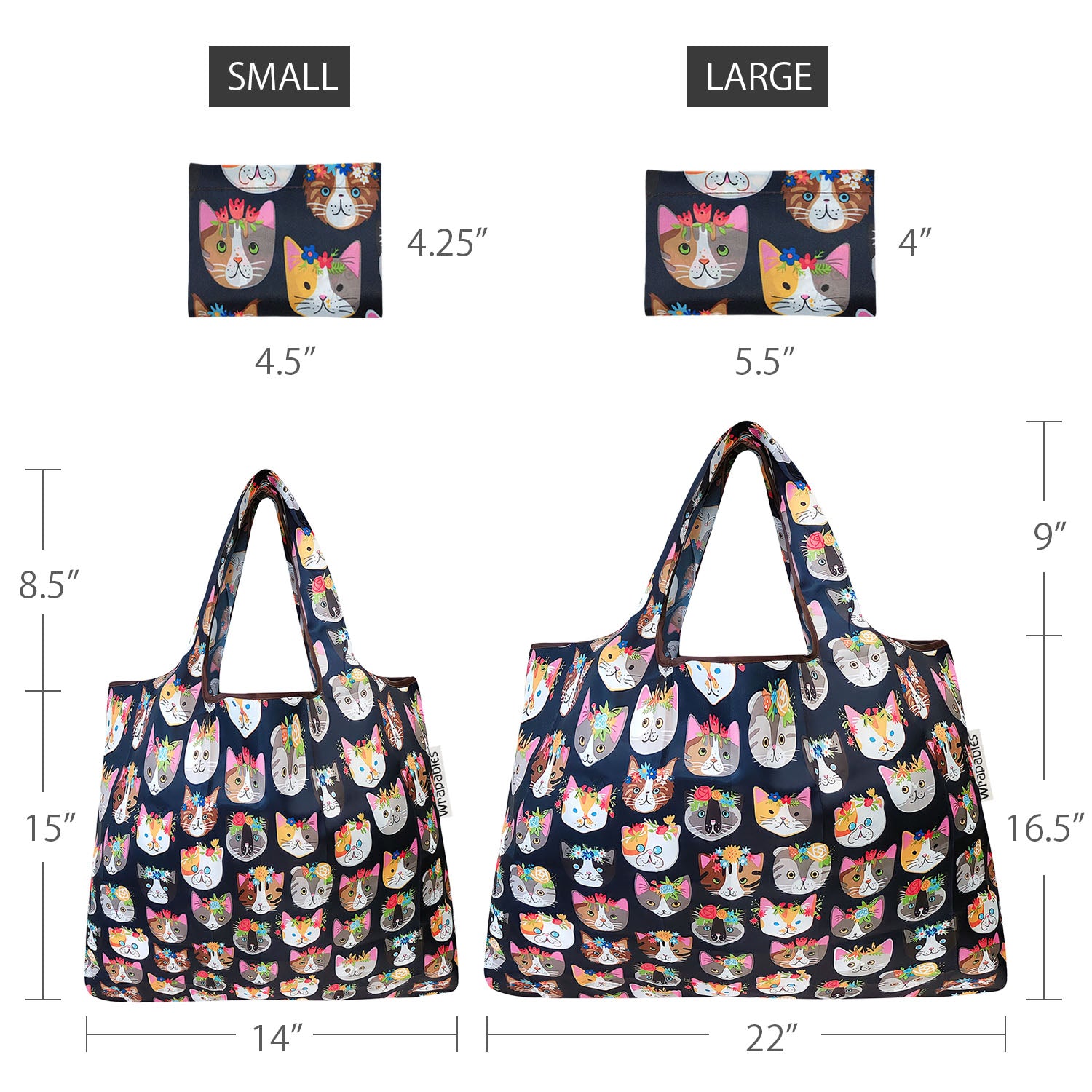 Wrapables Large & Small Foldable Tote Nylon Reusable Grocery Bags, Set of  2, Neutral Felines