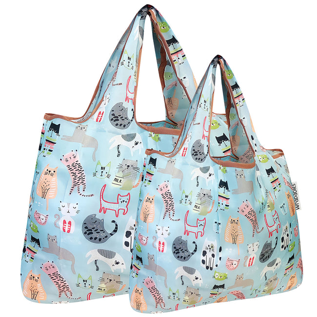 Wrapables Nylon Reusable Shopping Bags, Foldable Shopping Tote Bags, Reusable Grocery Bags, Travel Bags LS (set of 2), Cool Cats