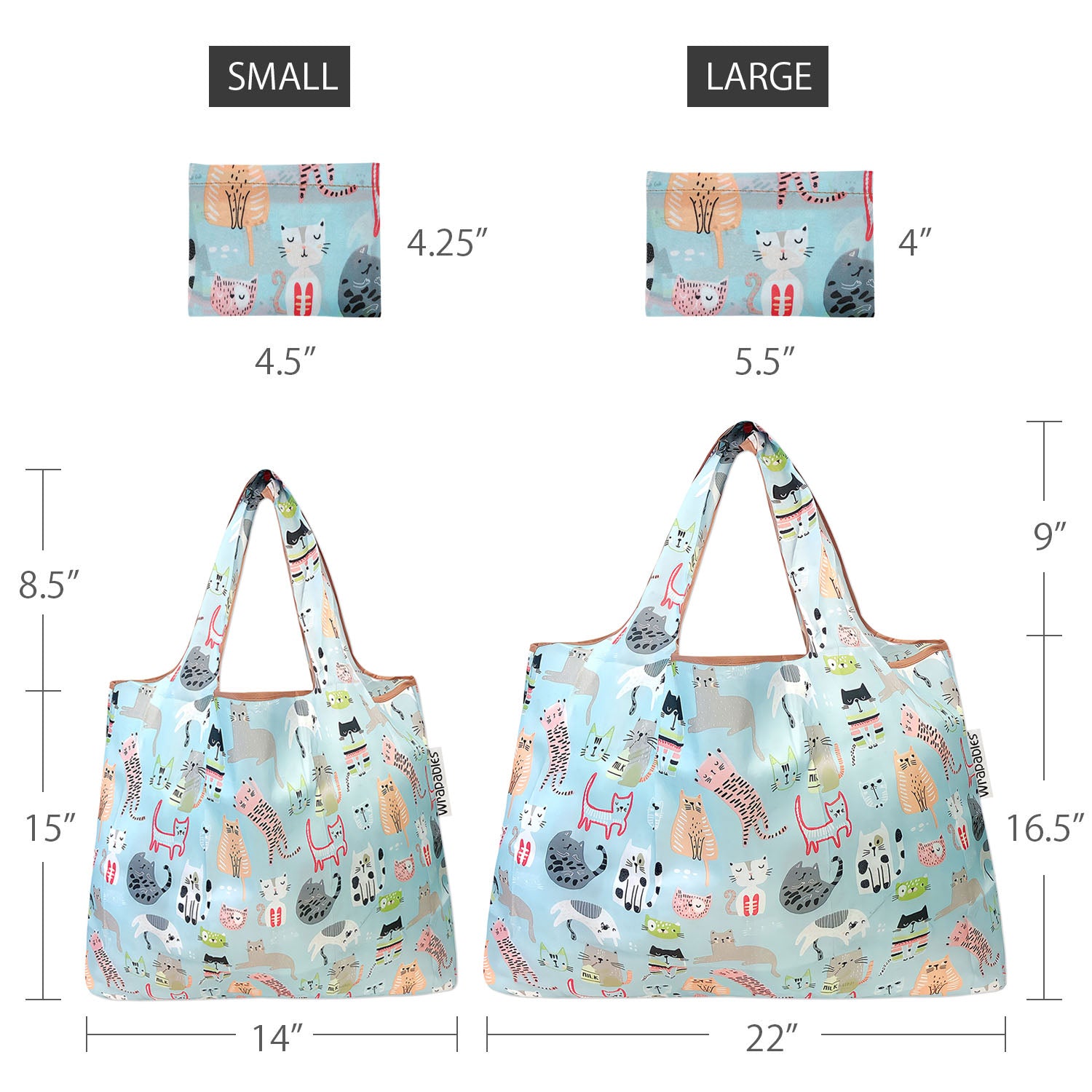 Wrapables Large & Small Foldable Tote Nylon Reusable Grocery Bags, Set of 2 Neutral Felines