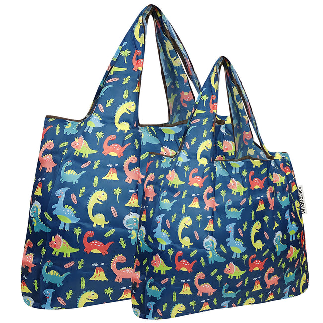 Wrapables Nylon Reusable Shopping Bags, Foldable Shopping Tote Bags, Reusable Grocery Bags, Travel Bags LS (set of 2), Dinosaurs