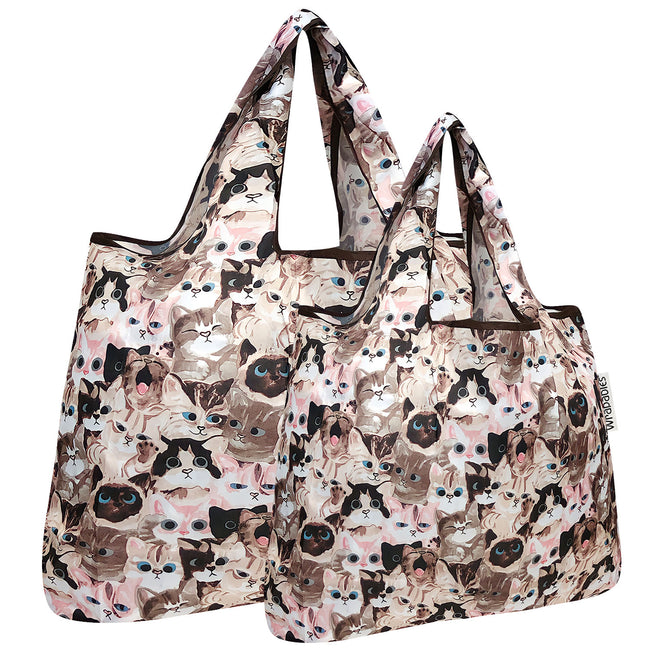 Wrapables Nylon Reusable Shopping Bags, Foldable Shopping Tote Bags, Reusable Grocery Bags, Travel Bags LS (set of 2), Cuddly Kitties