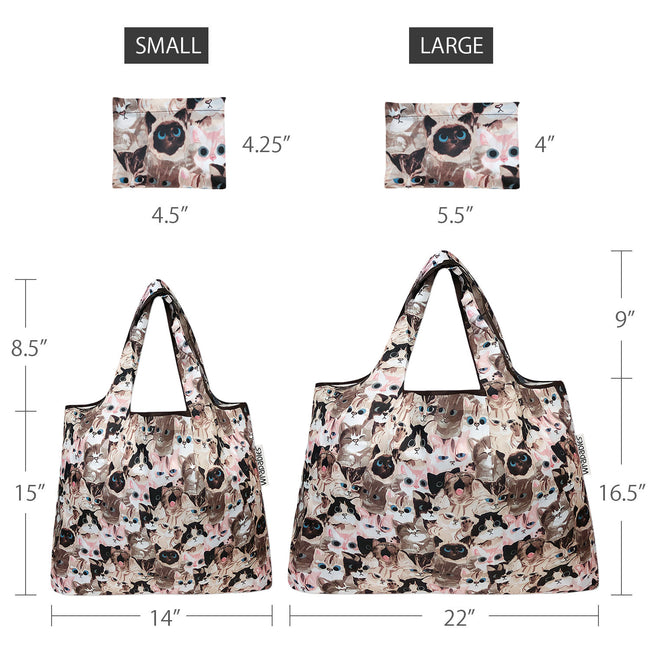 Wrapables Nylon Reusable Shopping Bags, Foldable Shopping Tote Bags, Reusable Grocery Bags, Travel Bags LS (set of 2), Cuddly Kitties