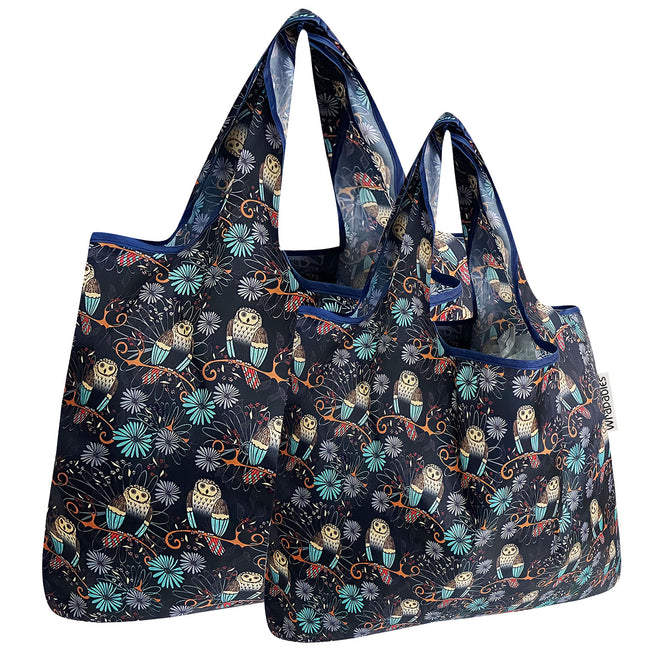 Wrapables Nylon Reusable Shopping Bags, Foldable Shopping Tote Bags, Reusable Grocery Bags, Travel Bags LS (set of 2), Deco Owls