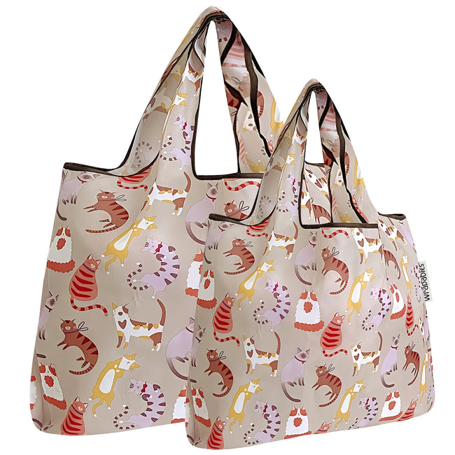 Wrapables Nylon Reusable Shopping Bags, Foldable Shopping Tote Bags, Reusable Grocery Bags, Travel Bags LS (set of 2), Neutral Felines