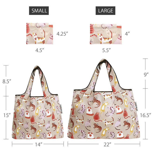 Wrapables Nylon Reusable Shopping Bags, Foldable Shopping Tote Bags, Reusable Grocery Bags, Travel Bags LS (set of 2), Neutral Felines