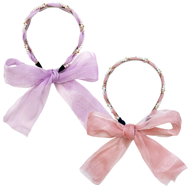 Wrapables Pearl & Rhinestone Headbands with Long Ribbon Head Wraps (Set of 2)
