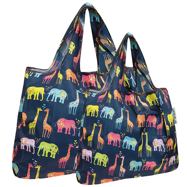 Wrapables Nylon Reusable Shopping Bags, Foldable Shopping Tote Bags, Reusable Grocery Bags, Travel Bags LS (set of 2), Elephants & Giraffes